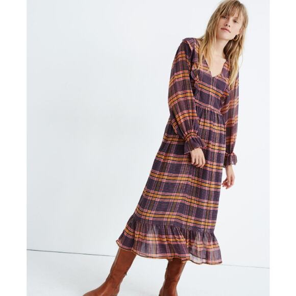 Madewell Dresses & Skirts - Madewell Sheer Plaid Full-Sleeve Ruffle Dress Grunge Size 6